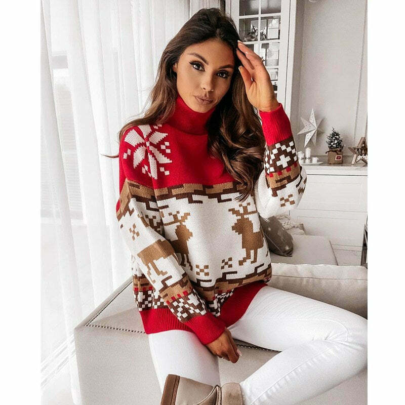 Cozy Y2K Turtleneck Sweater with Elk Snowflake Pattern - Cute Winter Pullover for Aesthetic Looks