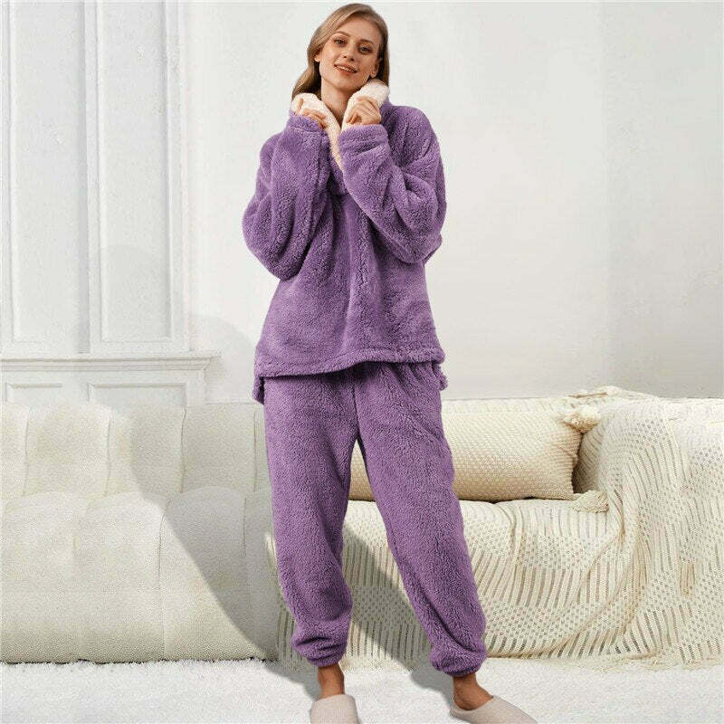 Cozy Y2K Velvet Flannel Pajama Set - Cute Grunge Aesthetic Loungewear for Fall Nights