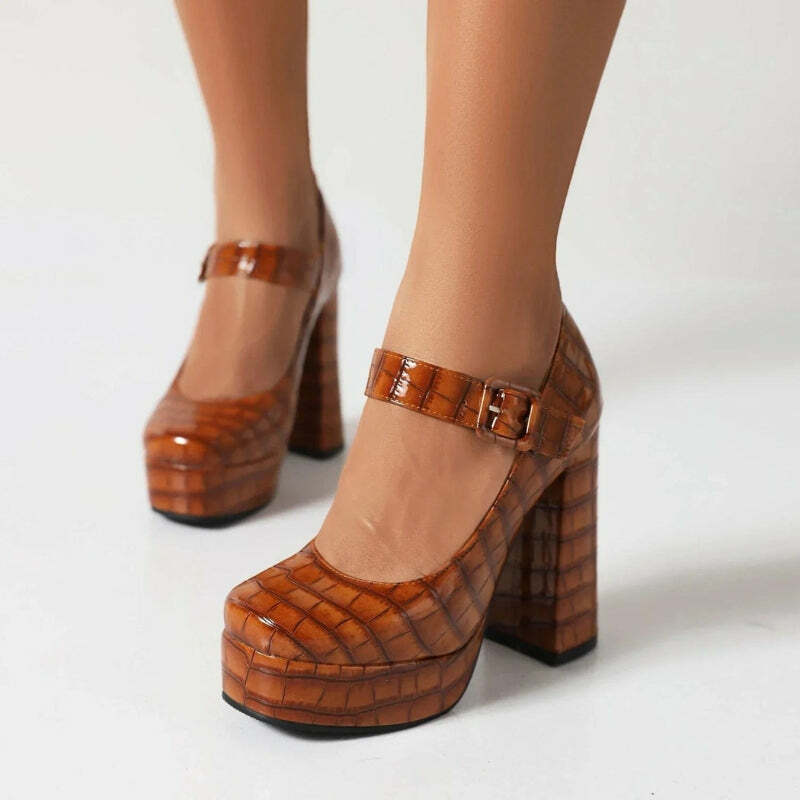 Crocodile Print Square Toe Platform Heels for Y2K Fashion & Grunge Aesthetic Outfits