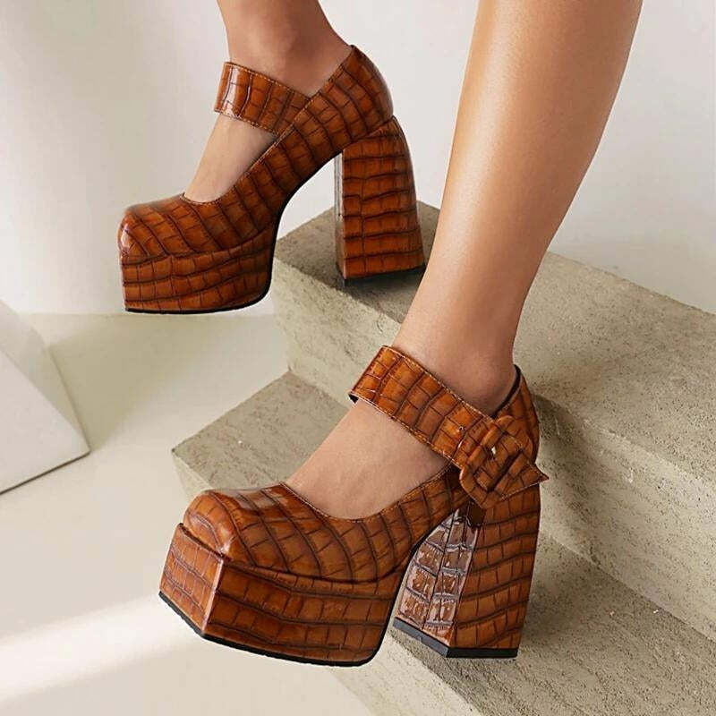 Crocodile Print Square Toe Platform Heels for Y2K Fashion & Grunge Aesthetic Outfits