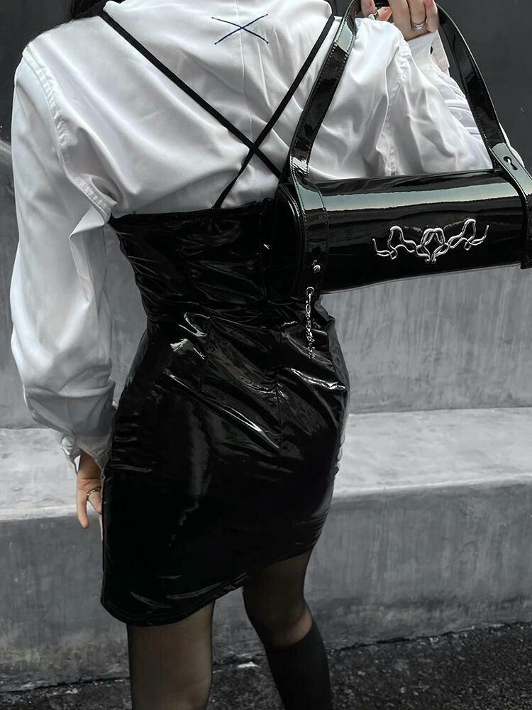 Cyberpunk Y2K Faux Patent Leather Mini Dress for Edgy Summer Nights and Aesthetic Vibes