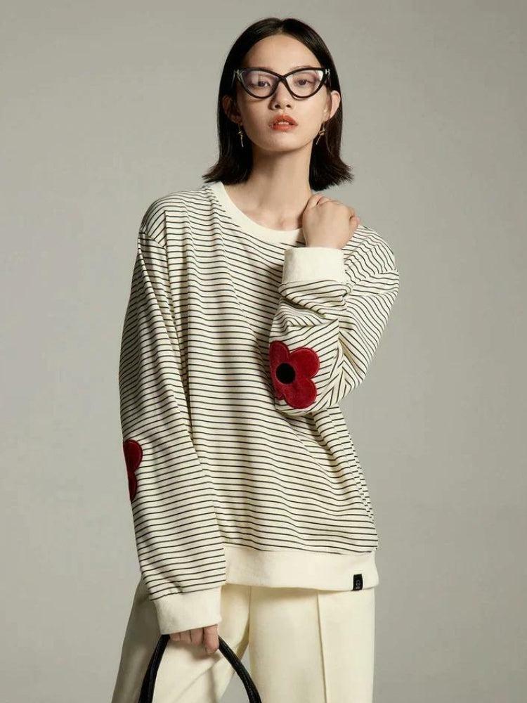 Daisy Embroidered Striped Sweatshirt - Y2K Aesthetic Top for Cute Summer Outfits