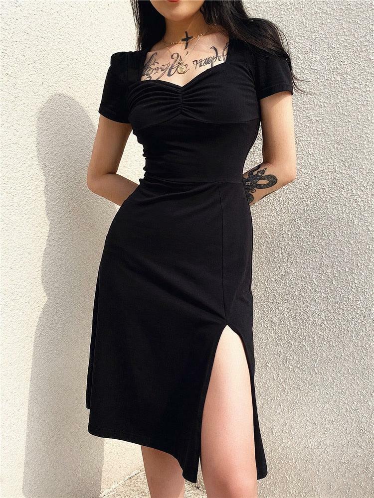 Dark Academia Leg Split Midi Dress - Chic Y2K Aesthetic for Effortless Elegance