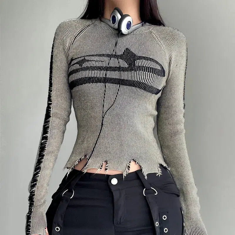 Distressed Grunge Long Sleeve Top - Y2K Fashion Essential for Effortless Style