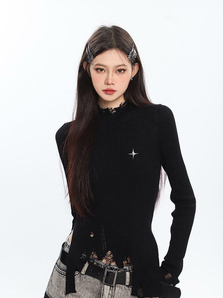 Distressed Grunge Turtleneck Sweater - Y2K Fashion Essential for Cozy, Edgy Outfits