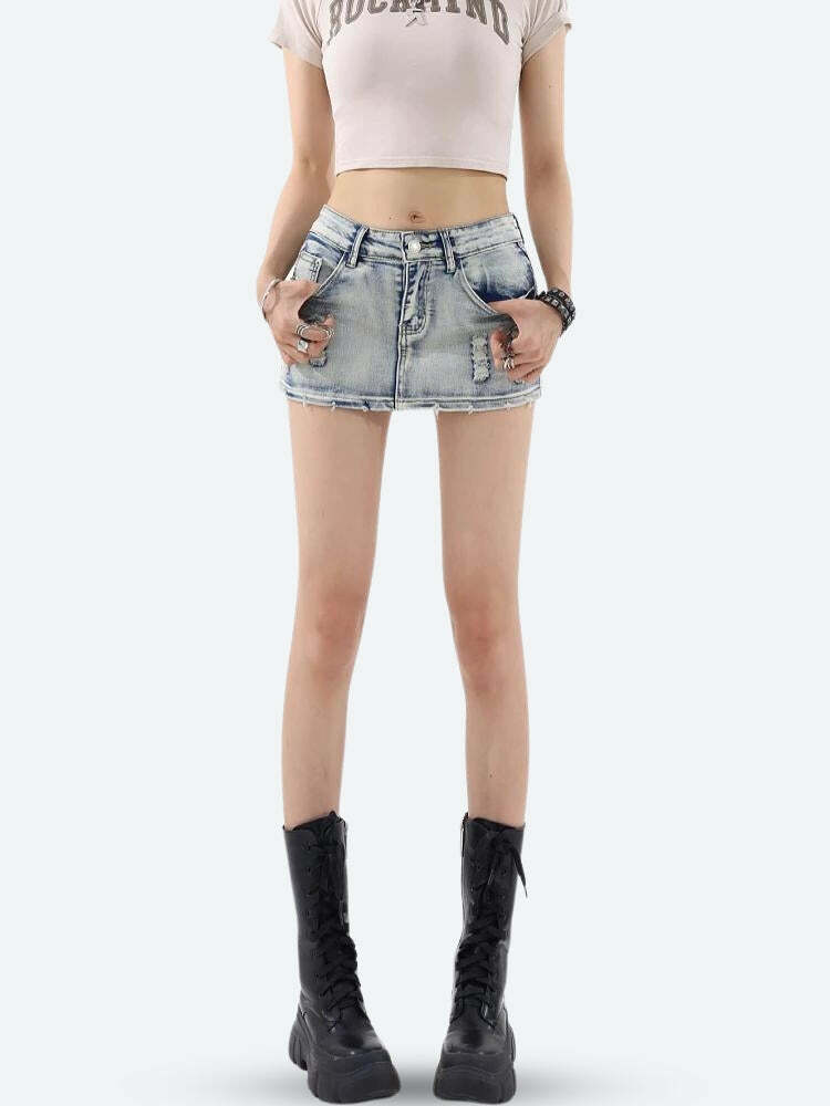 Distressed Y2K Low Rise Mini Skirt - Trendy Grunge Style for Effortless Summer Vibes