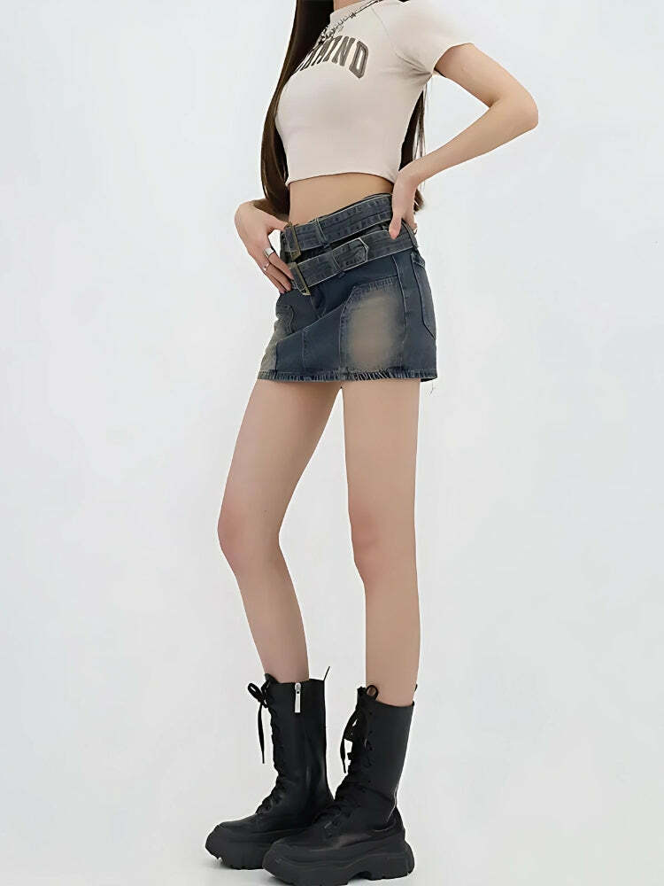 Double Belted Denim Mini Skort - Y2K Inspired Summer Fashion for Trendy Outfits