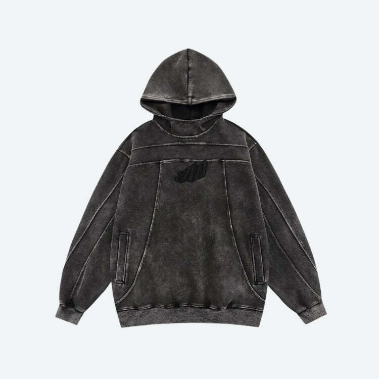 Embroidered Grunge Hoodie in Dark Wash - Y2K Aesthetic Streetwear Essential