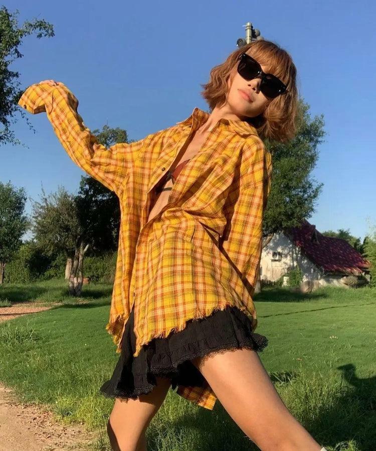 Embroidered Tasseled Plaid Shirt - Y2K Grunge Aesthetic for Effortless Summer Style