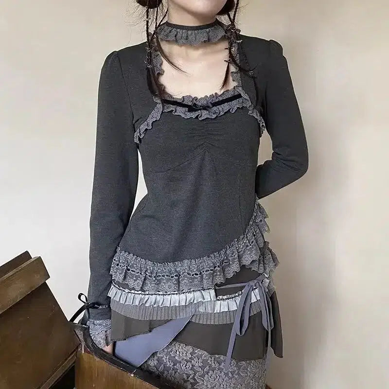 Fairy Grunge Asymmetric Lace Top - Y2K Aesthetic with 90s Flair for Unique Summer Outfits