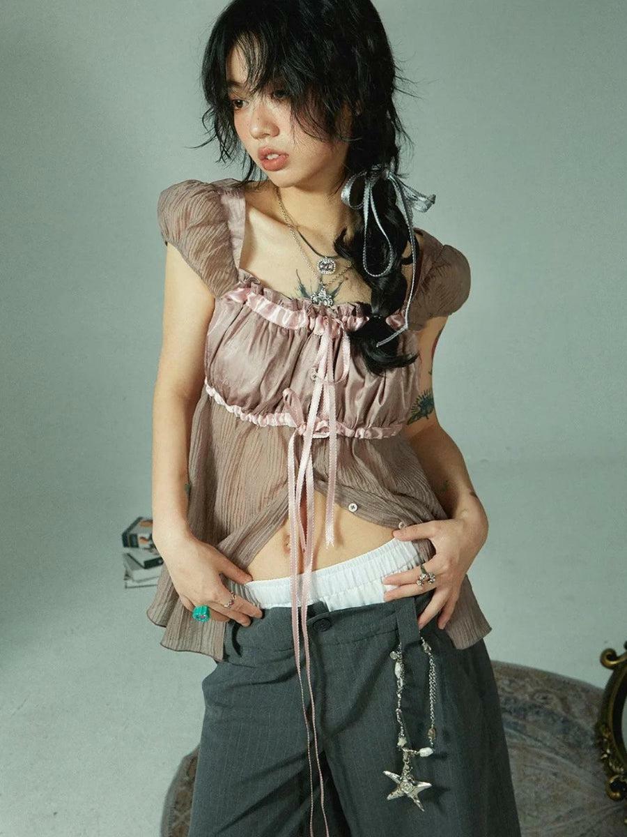 Fairy Grunge Sheer Ruched Top - Y2K Aesthetic Layering Piece for Effortless Style