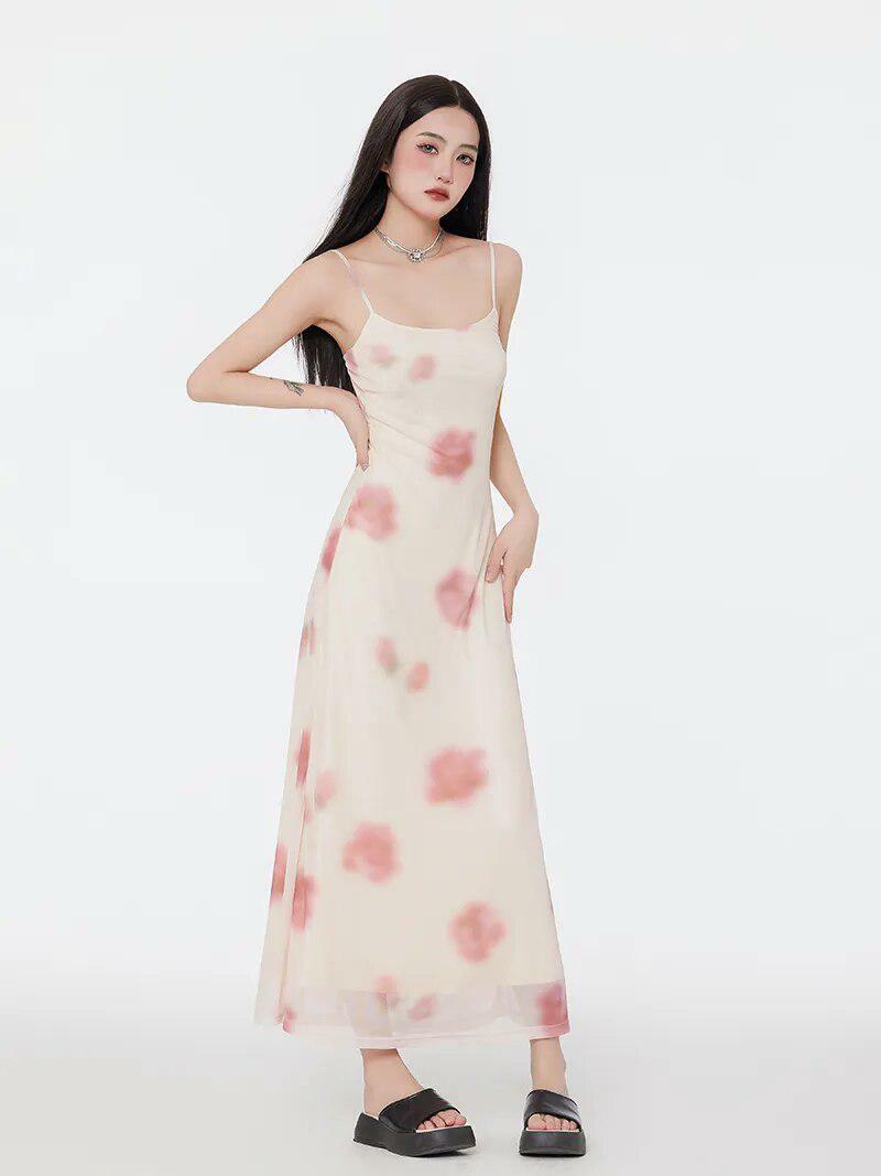 Floral Mesh Spaghetti Strap Maxi Dress - Y2K Summer Vibes & Coquette Aesthetic Style