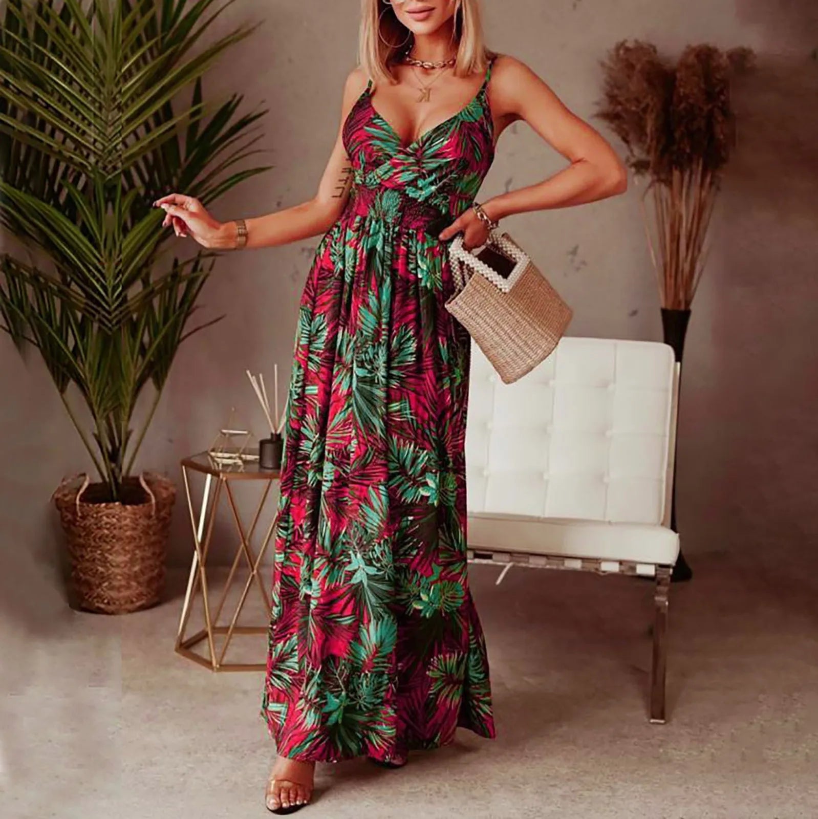 Floral Print Boho Maxi Dress - Sexy Spaghetti Strap V-Neck Backless Summer Beach Robe