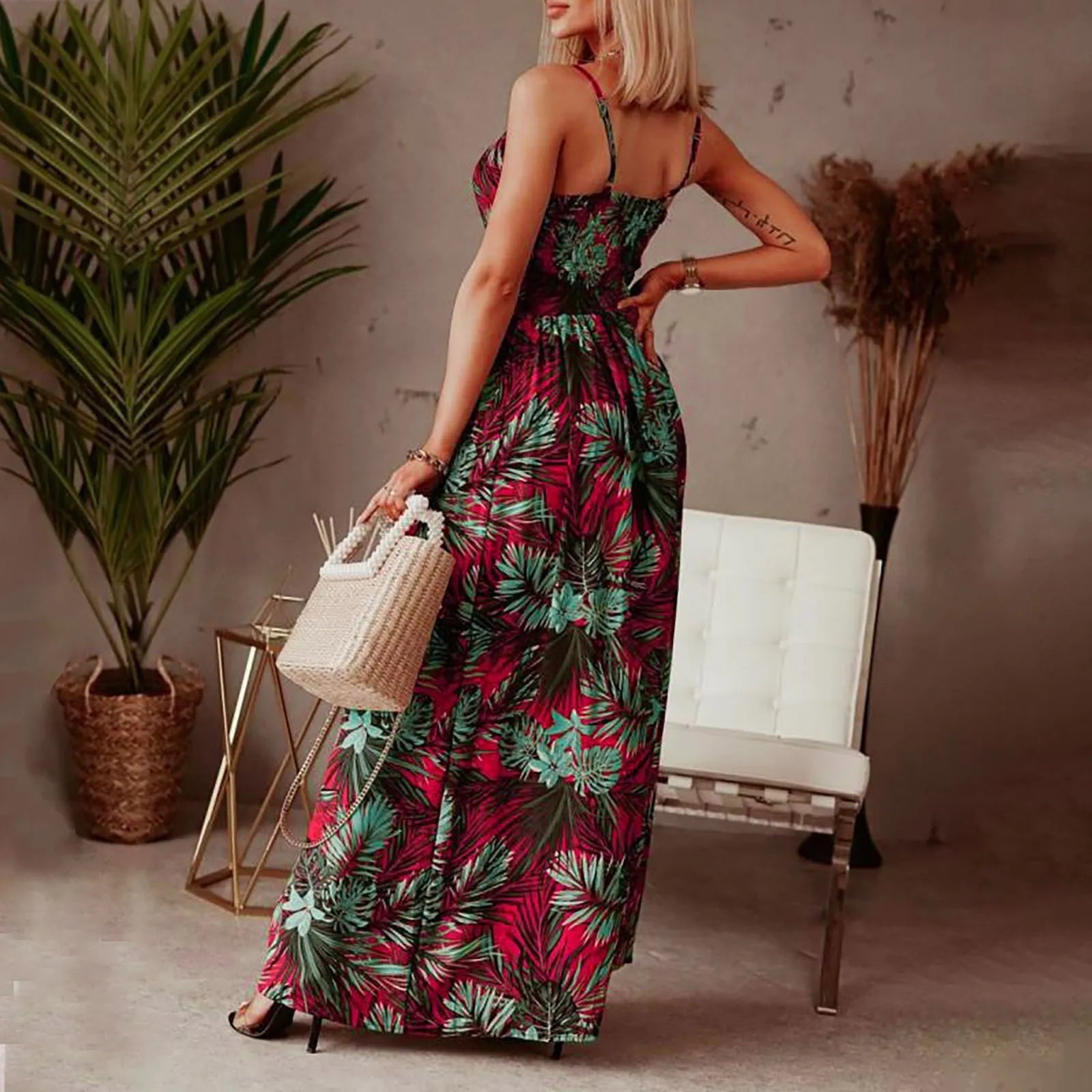 Floral Print Boho Maxi Dress - Sexy Spaghetti Strap V-Neck Backless Summer Beach Robe