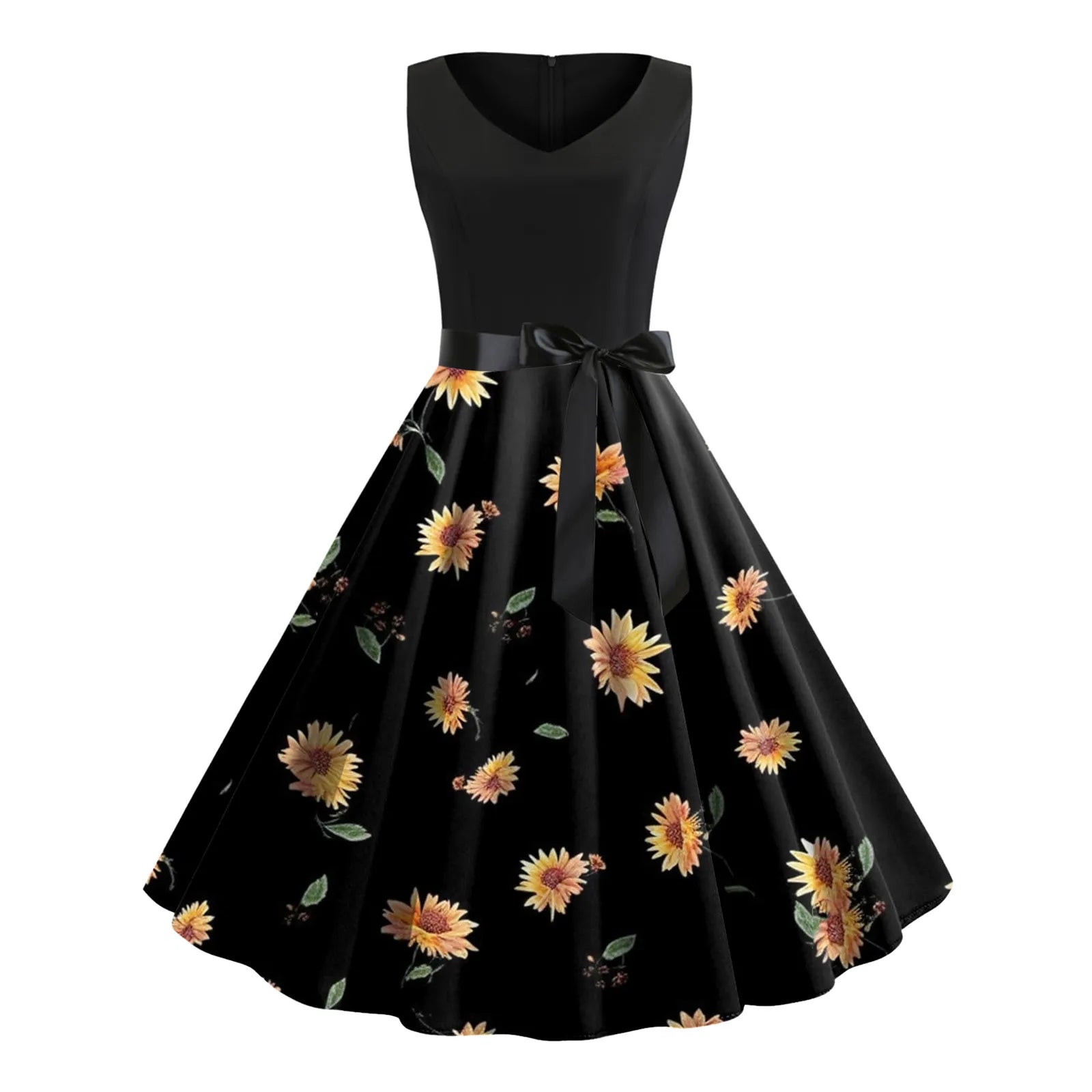 Floral Print Sleeveless High Waist Retro 50s 60s Rockabilly Summer Dress - Y2K Aesthetic