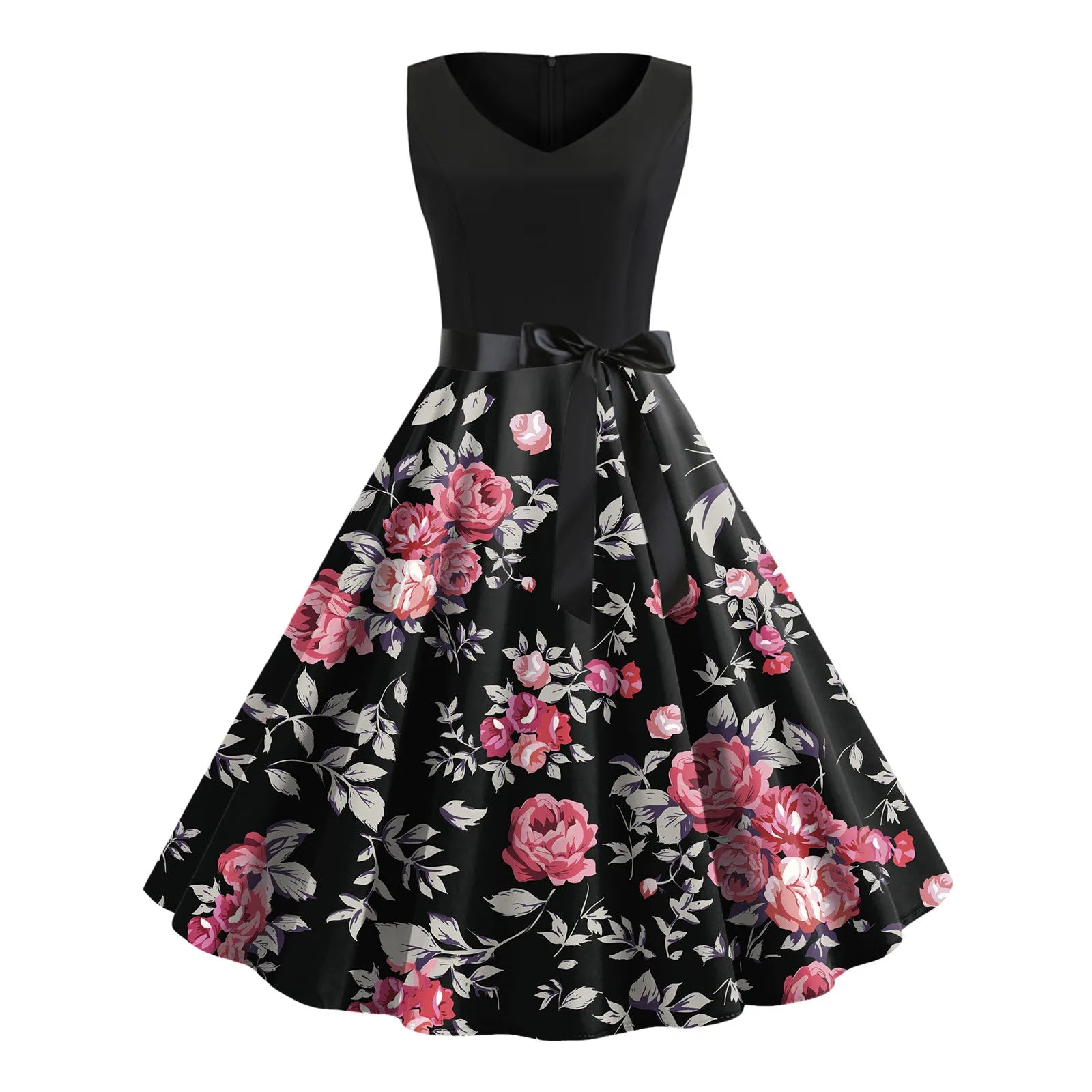 Floral Print Sleeveless High Waist Retro 50s 60s Rockabilly Summer Dress - Y2K Aesthetic