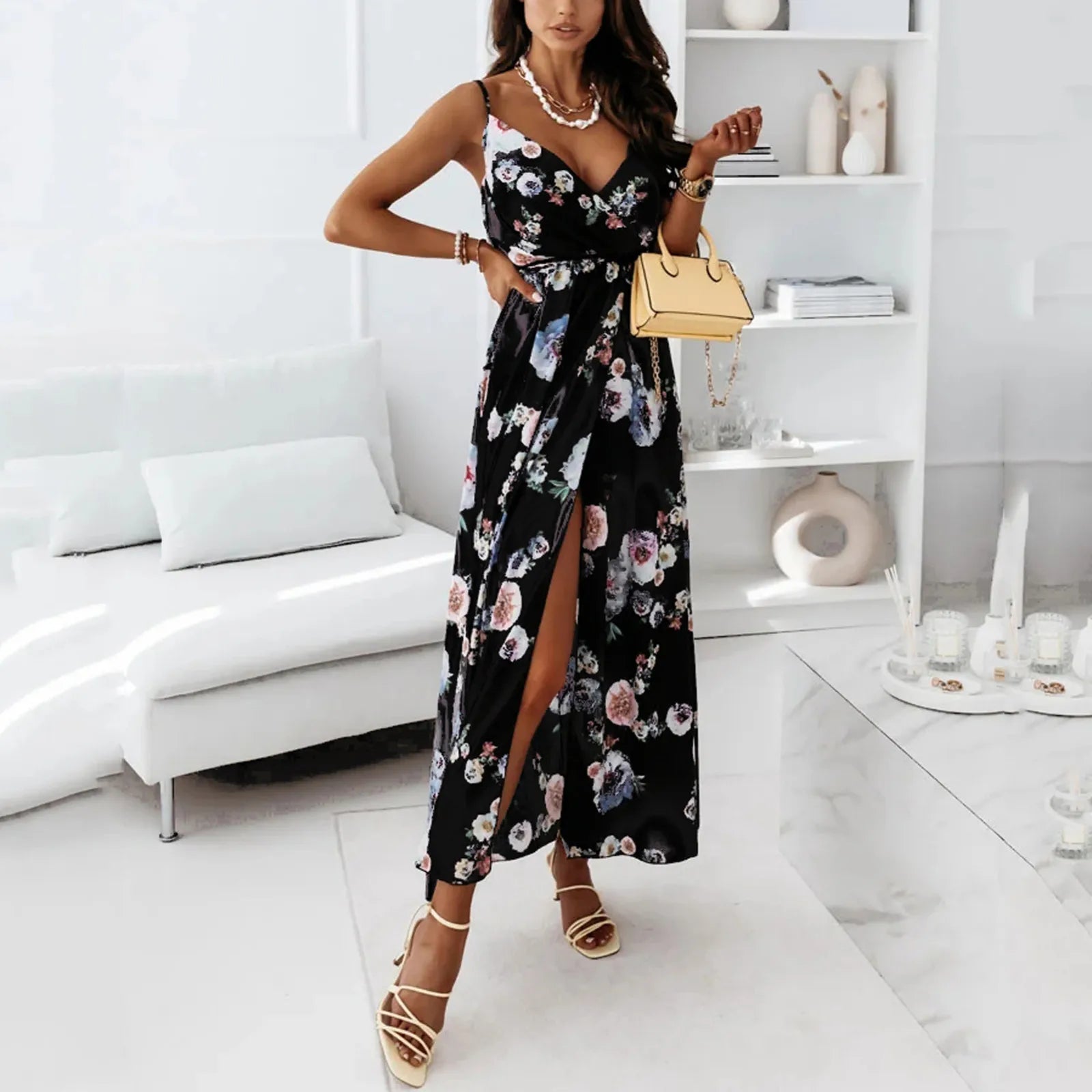 Floral Print V-Neck Backless Maxi Dress with High Slit - Y2K Summer Aesthetic Beachwear