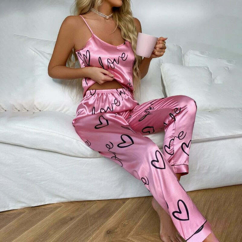 Floral Print Y2K Aesthetic Sleeveless Top & Long Pants Pajama Set for Cozy Nights