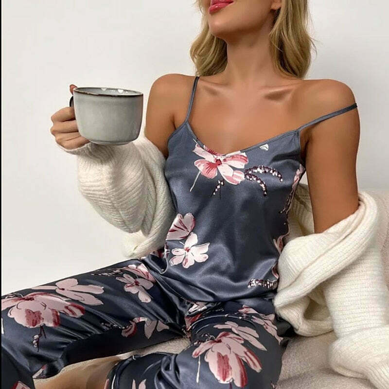 Floral Print Y2K Aesthetic Sleeveless Top & Long Pants Pajama Set for Cozy Nights