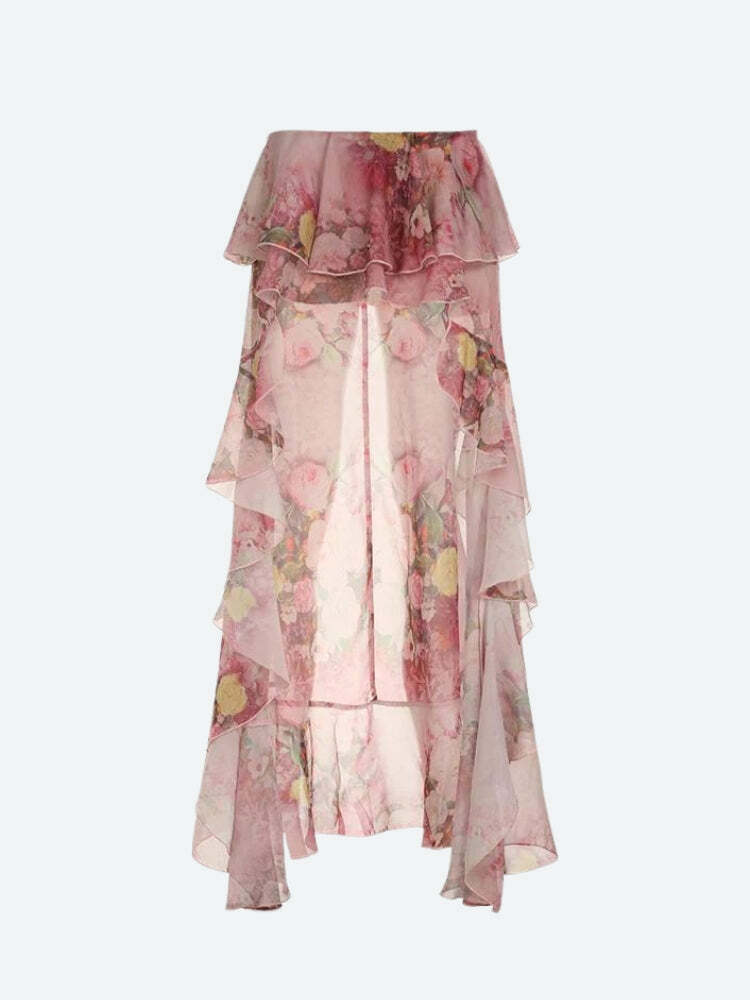 Floral Ruffled Mesh Mullet Skirt - Y2K Inspired Summer Fashion for Trendy Outfits