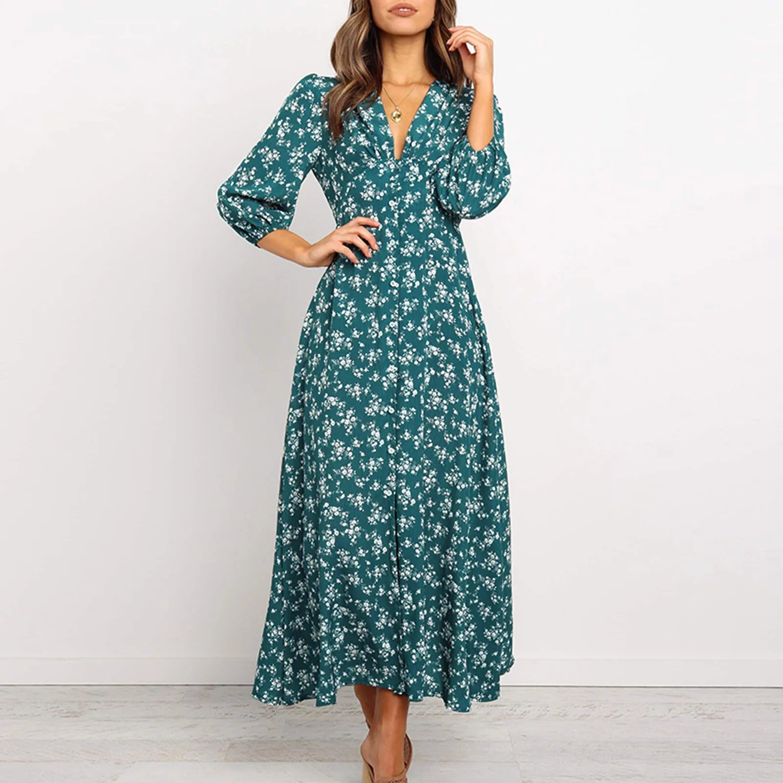 Floral V Neck Maxi Dress with Puff Sleeves - Y2K Aesthetic Spring/Summer Casual Fashion