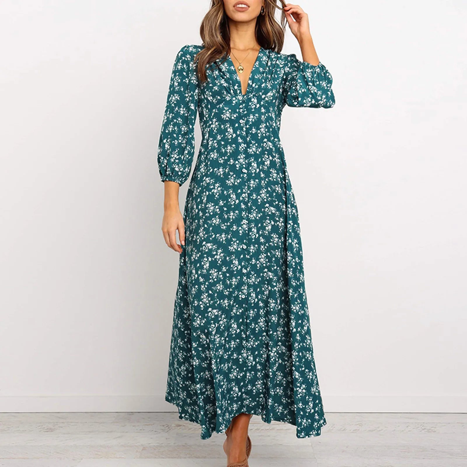 Floral V Neck Maxi Dress with Puff Sleeves - Y2K Aesthetic Spring/Summer Casual Fashion