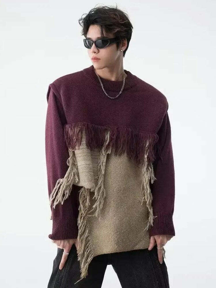 Fringe Patchwork Knit Sweater - Y2K Aesthetic Layering Piece for Cozy Grunge Outfits