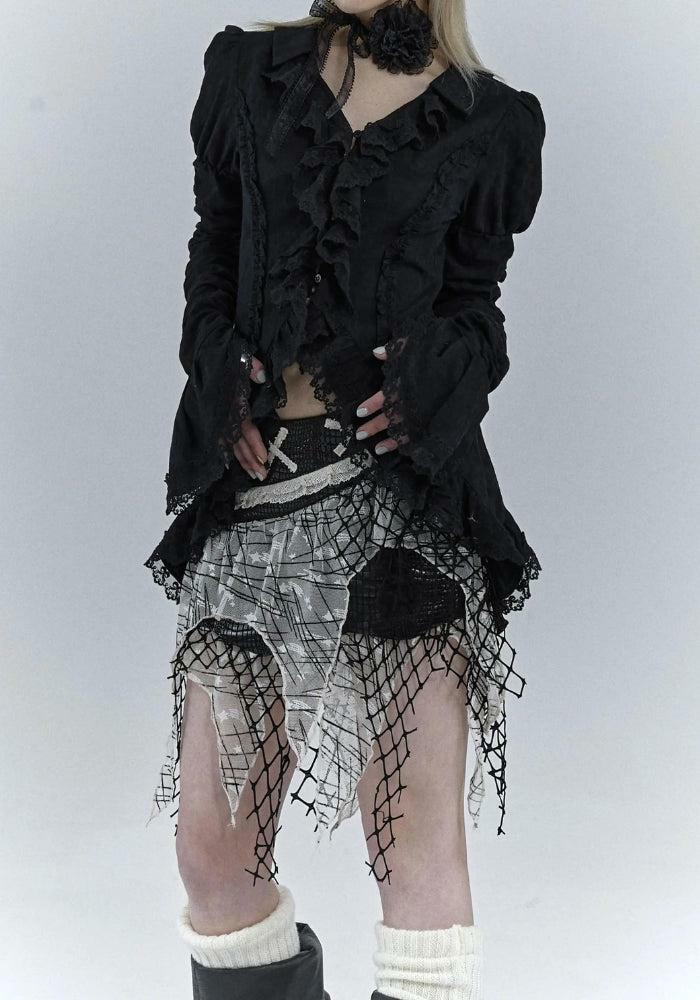 Gothic Asymmetric Ruched Sleeve Top - Edgy Y2K Grunge Fashion Statement Piece