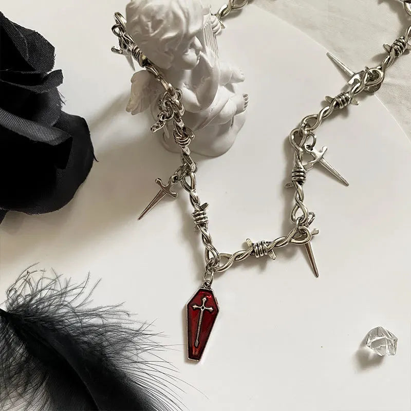 Gothic Coffin & Swords Necklace - Y2K Grunge Aesthetic Jewelry for Unique Outfits