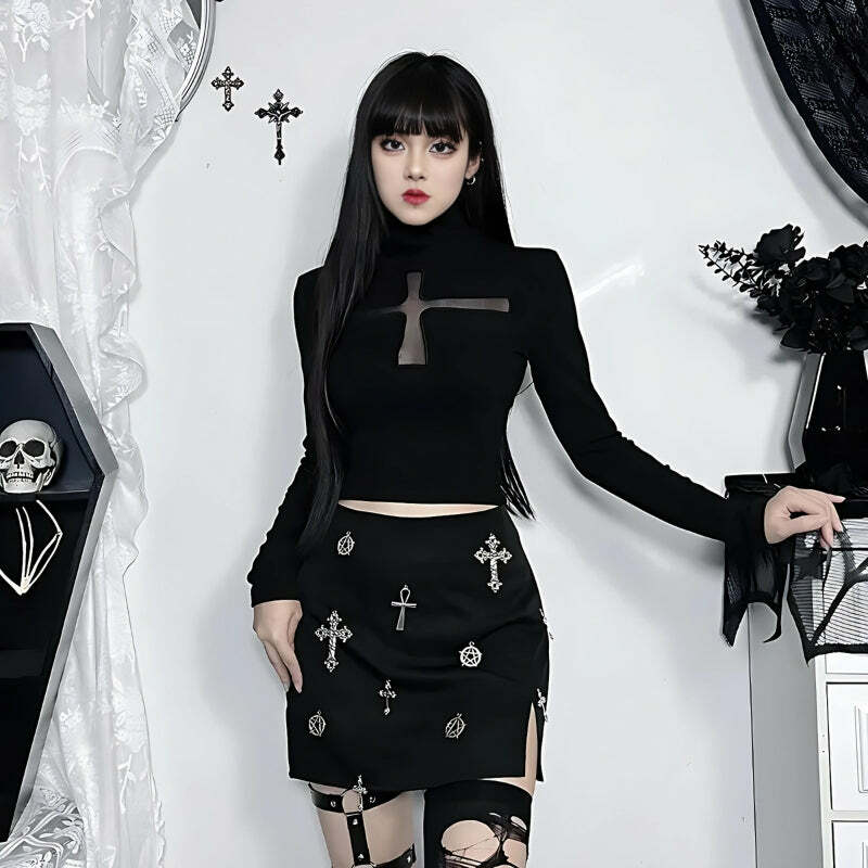 Gothic Cross Cut-Out Top: Edgy Y2K Grunge Style for Bold Summer Outfits