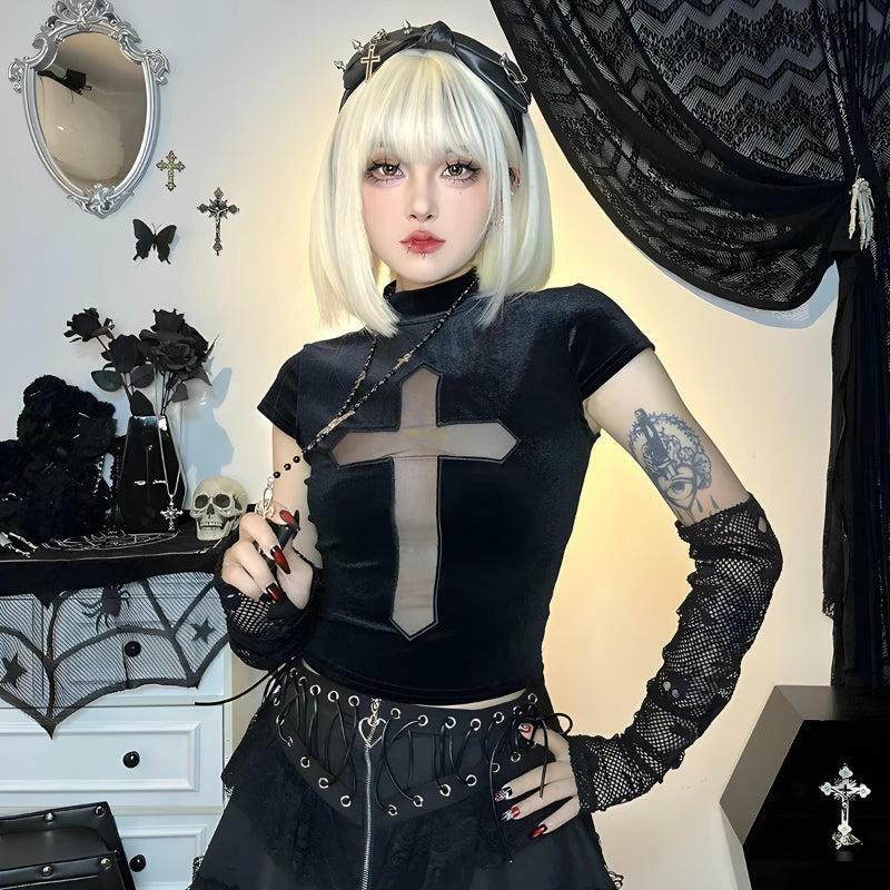 Gothic Cross Cut-Out Velvet Top - Y2K Grunge Aesthetic for Bold Summer Outfits