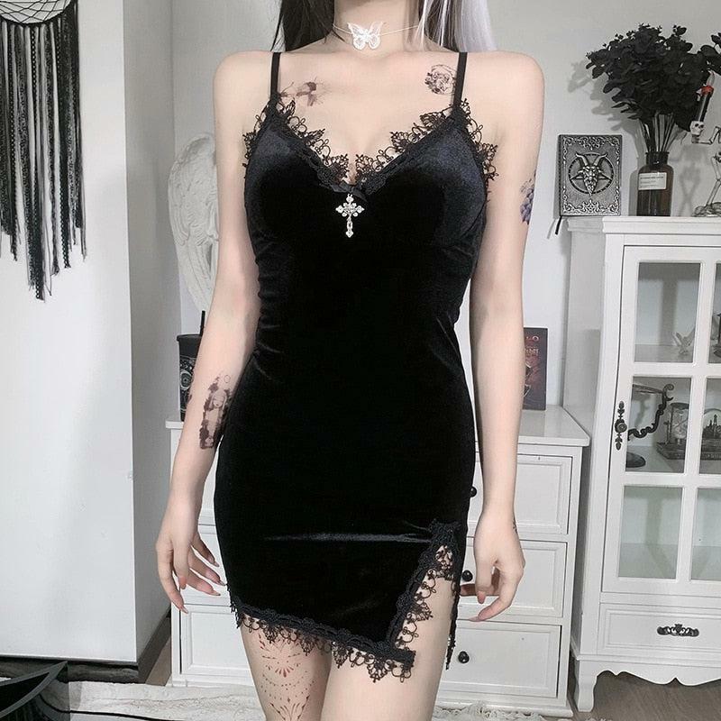 Gothic Cross Detail Mini Dress - Y2K Grunge Aesthetic for Bold Summer Outfits