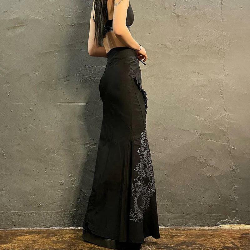 Gothic Dragon Print Y2K Maxi Skirt for Grunge Aesthetic Summer Outfits