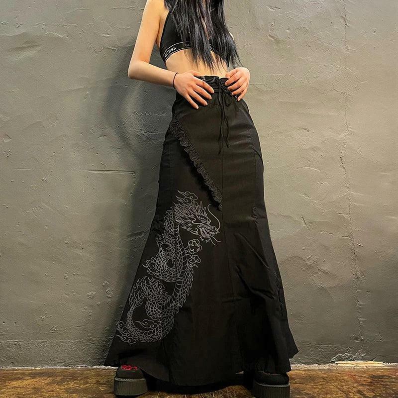 Gothic Dragon Print Y2K Maxi Skirt for Grunge Aesthetic Summer Outfits