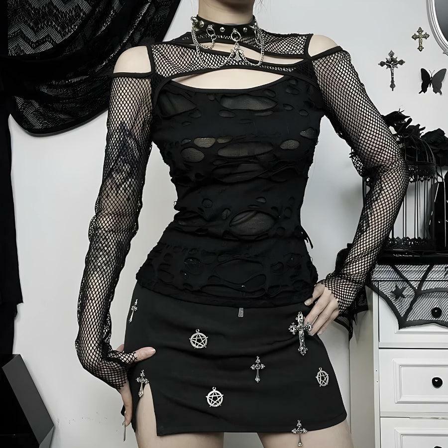 Gothic Fishnet Ripped Top for Grunge Aesthetic - Y2K Style Statement Piece