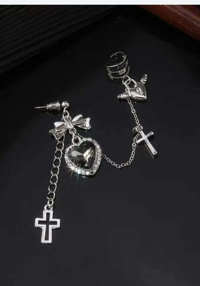 Gothic Heart Cross Chain Earrings - Y2K Grunge Aesthetic Jewelry for Bold Fashion Statements