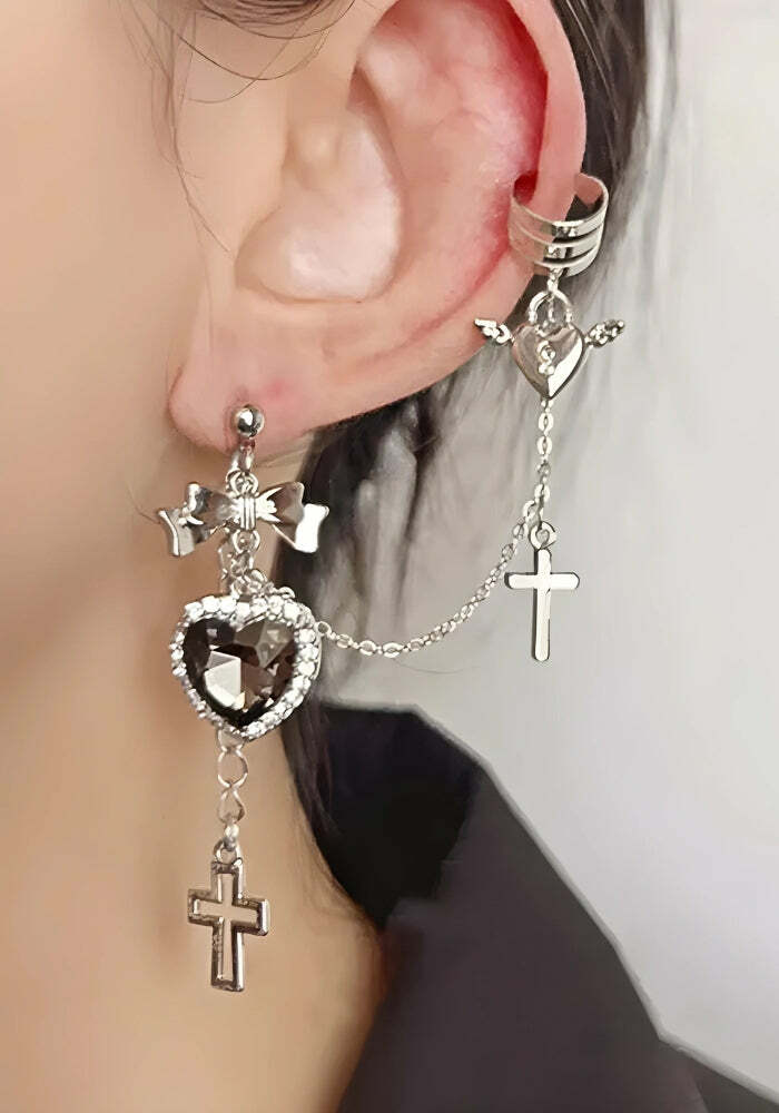 Gothic Heart Cross Chain Earrings - Y2K Grunge Aesthetic Jewelry for Bold Fashion Statements