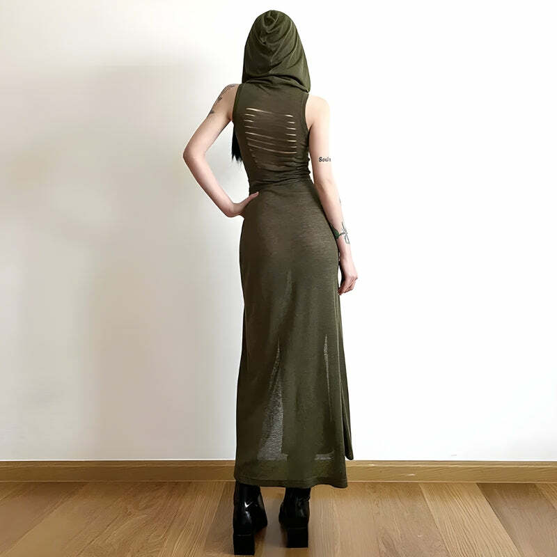 Gothic Hooded Cut-Out Back Midi Dress for Y2K Aesthetic and Grunge Style Lovers