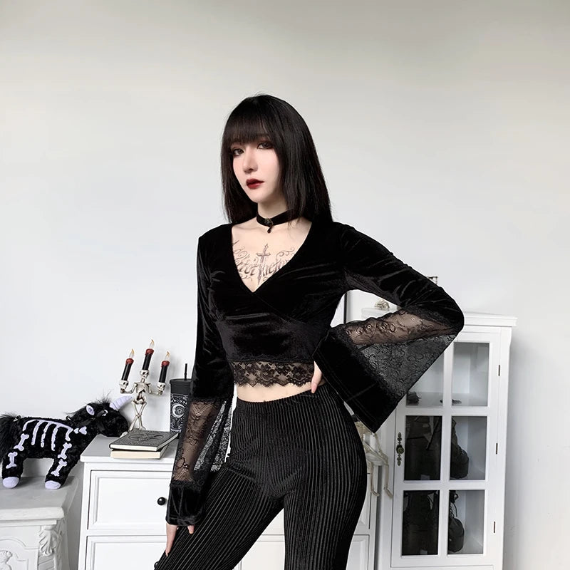 Gothic Lace Flare Cuff Crop Top - Y2K Grunge Aesthetic for Trendy Summer Outfits