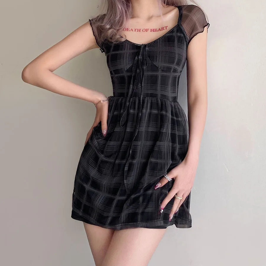 Gothic Plaid Mini Dress - Y2K Grunge Aesthetic for Trendy Summer Outfits