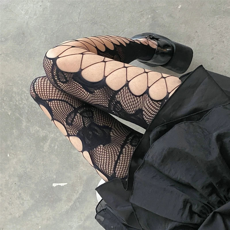 Gothic Rose Fishnet Tights for Y2K and Grunge Aesthetic Outfits - Trendy Layering Essential