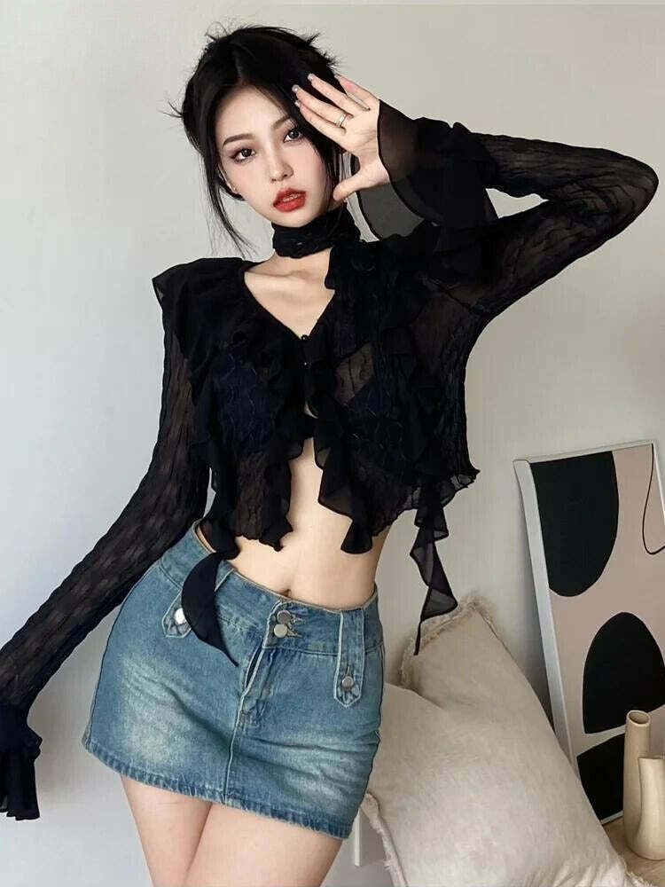 Gothic Sheer Ruffled Crop Top - Y2K Grunge Aesthetic for Trendy Summer Outfits