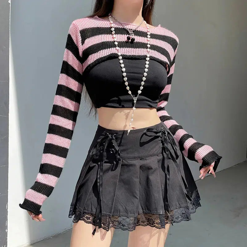 Gothic Striped Knit Shrug Sweater for Y2K Grunge Aesthetic and 90s Fashion Lovers