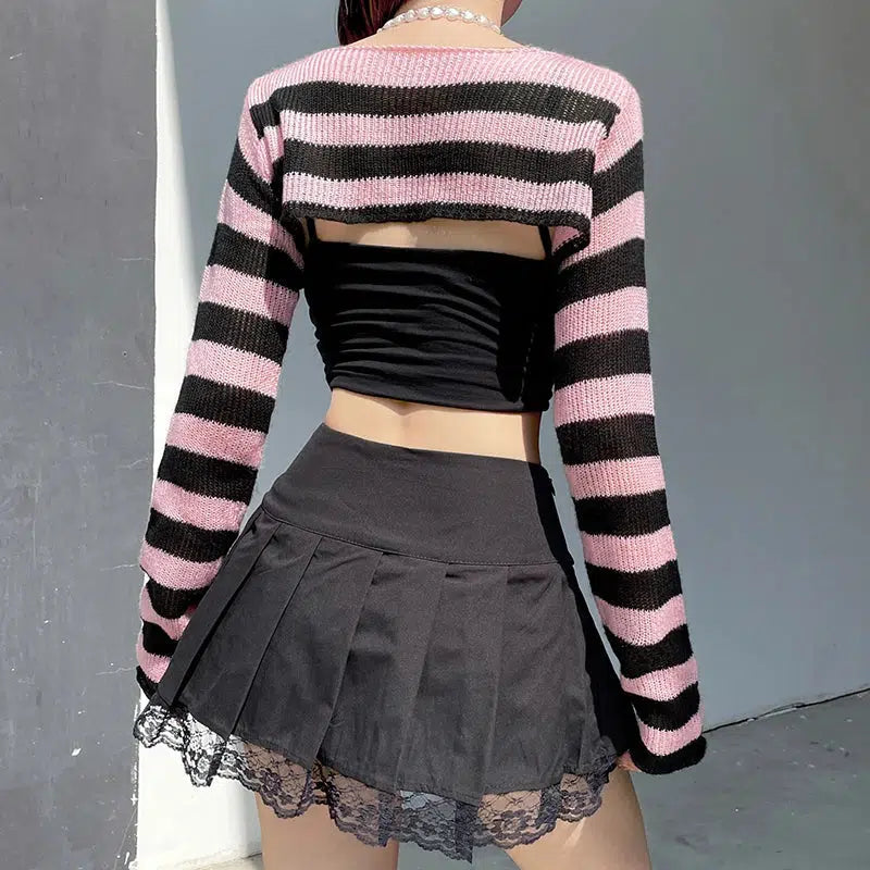 Gothic Striped Knit Shrug Sweater for Y2K Grunge Aesthetic and 90s Fashion Lovers