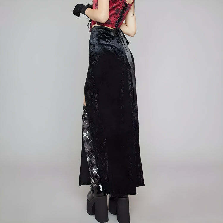 Gothic Velvet High Split Midi Skirt - Y2K Grunge Aesthetic for Bold Summer Outfits