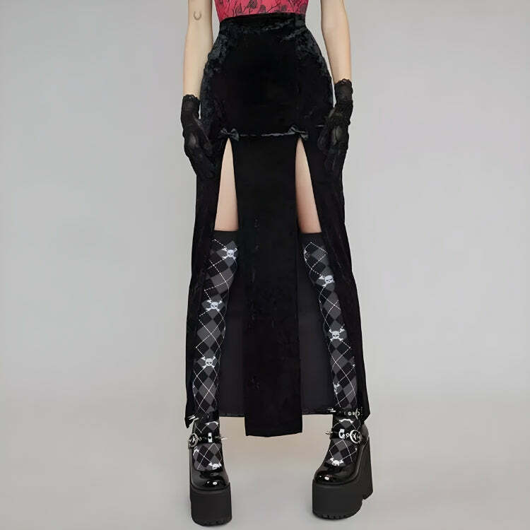 Gothic Velvet High Split Midi Skirt - Y2K Grunge Aesthetic for Bold Summer Outfits