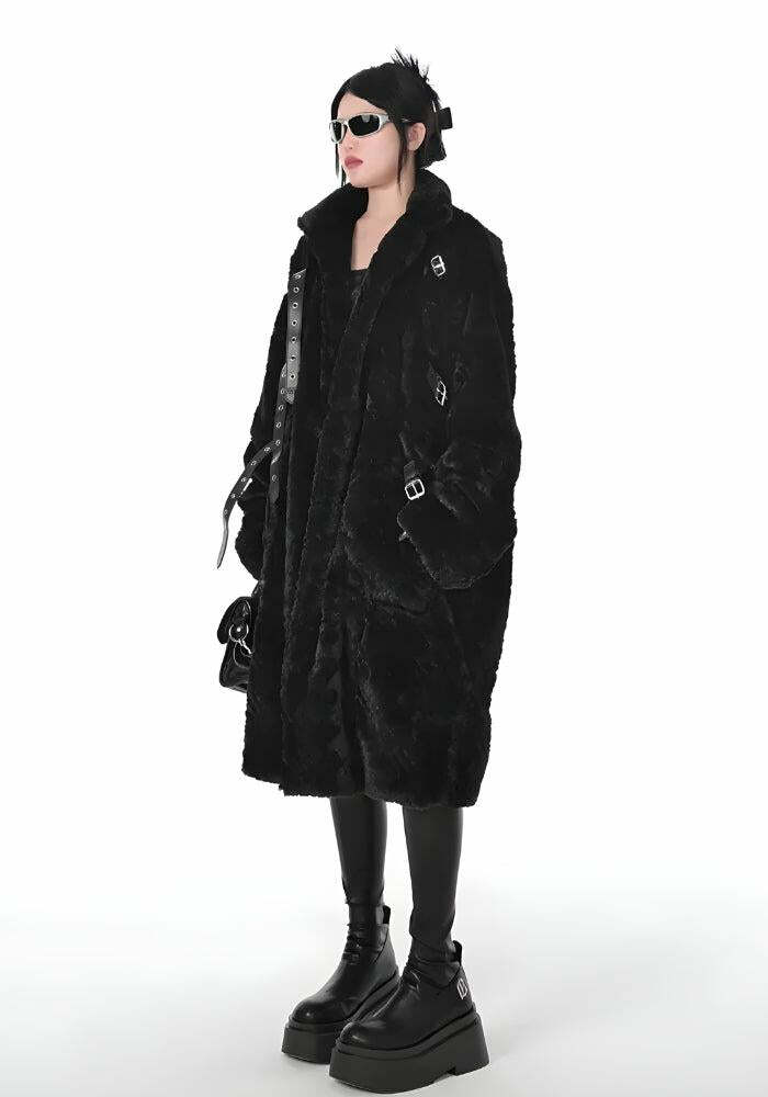 Gothic Y2K Faux Fur Fluffy Long Jacket for Grunge Aesthetic and Cozy Layering