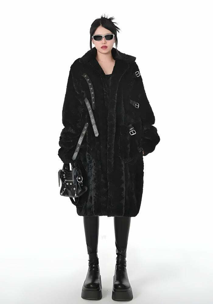 Gothic Y2K Faux Fur Fluffy Long Jacket for Grunge Aesthetic and Cozy Layering