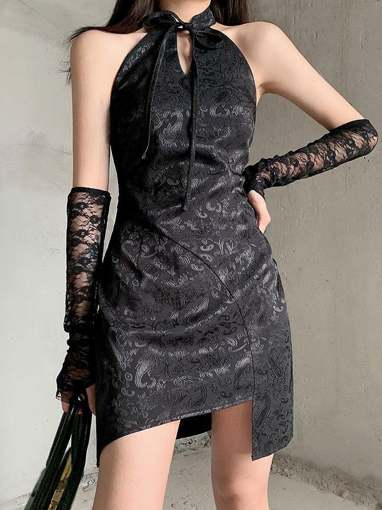 Gothic Y2K Halter Mini Dress - Edgy Grunge Style for a Bold Summer Look