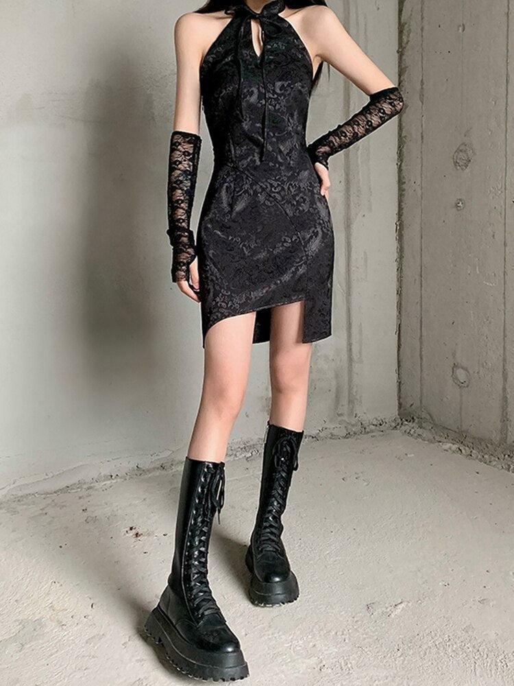 Gothic Y2K Halter Mini Dress - Edgy Grunge Style for a Bold Summer Look